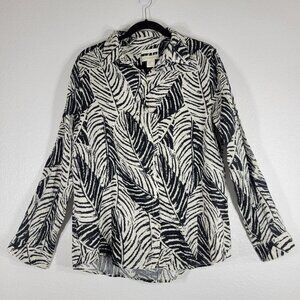 Cynthia Rowley Linen Button Down Shirt Women Large Leaf Black Travel Resort